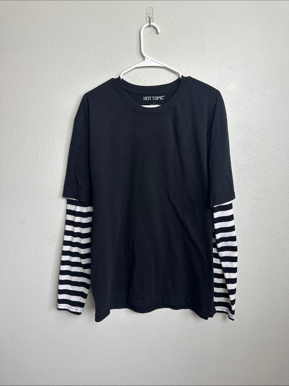 Hot Topic Black Tee with Black & White Striped Sleeves